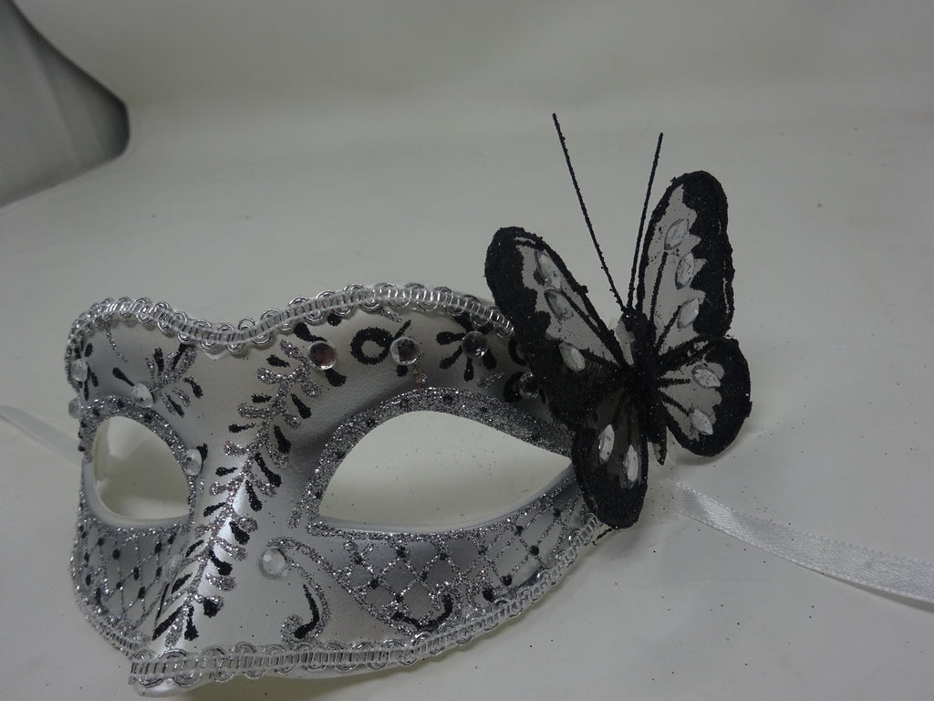 Black and Silver Jewelled Masquerade Mask with Sparkling Butterfly Detail