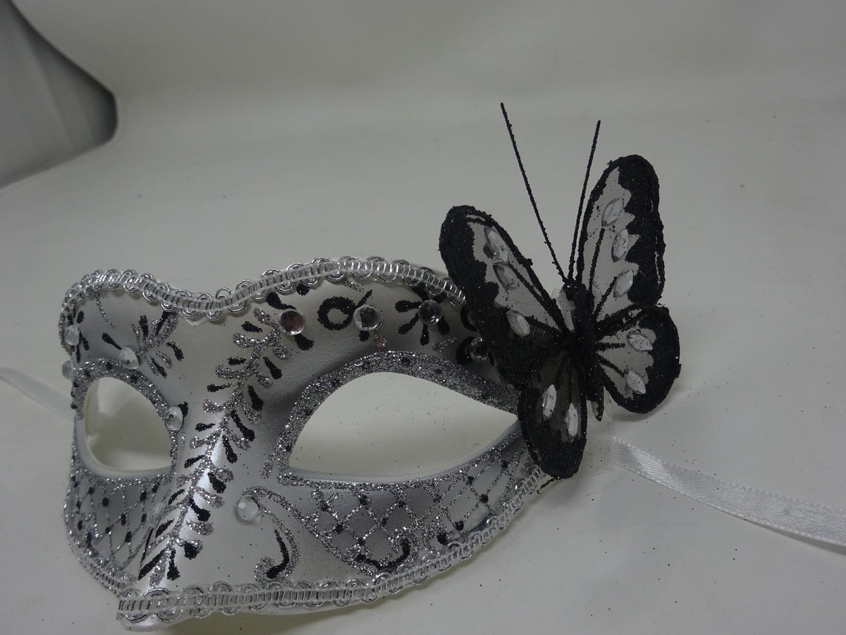 Black and Silver Jewelled Masquerade Mask with Sparkling Butterfly Detail