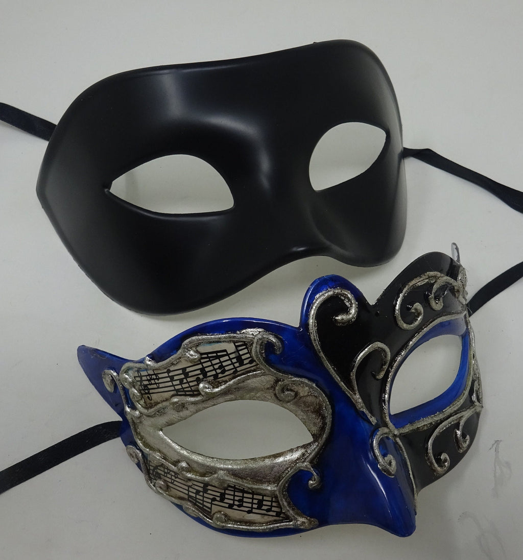 Musical Script Black Silver and Blue His and Hers Couples Pair of Masquerade Party Ball Carnival Masks
