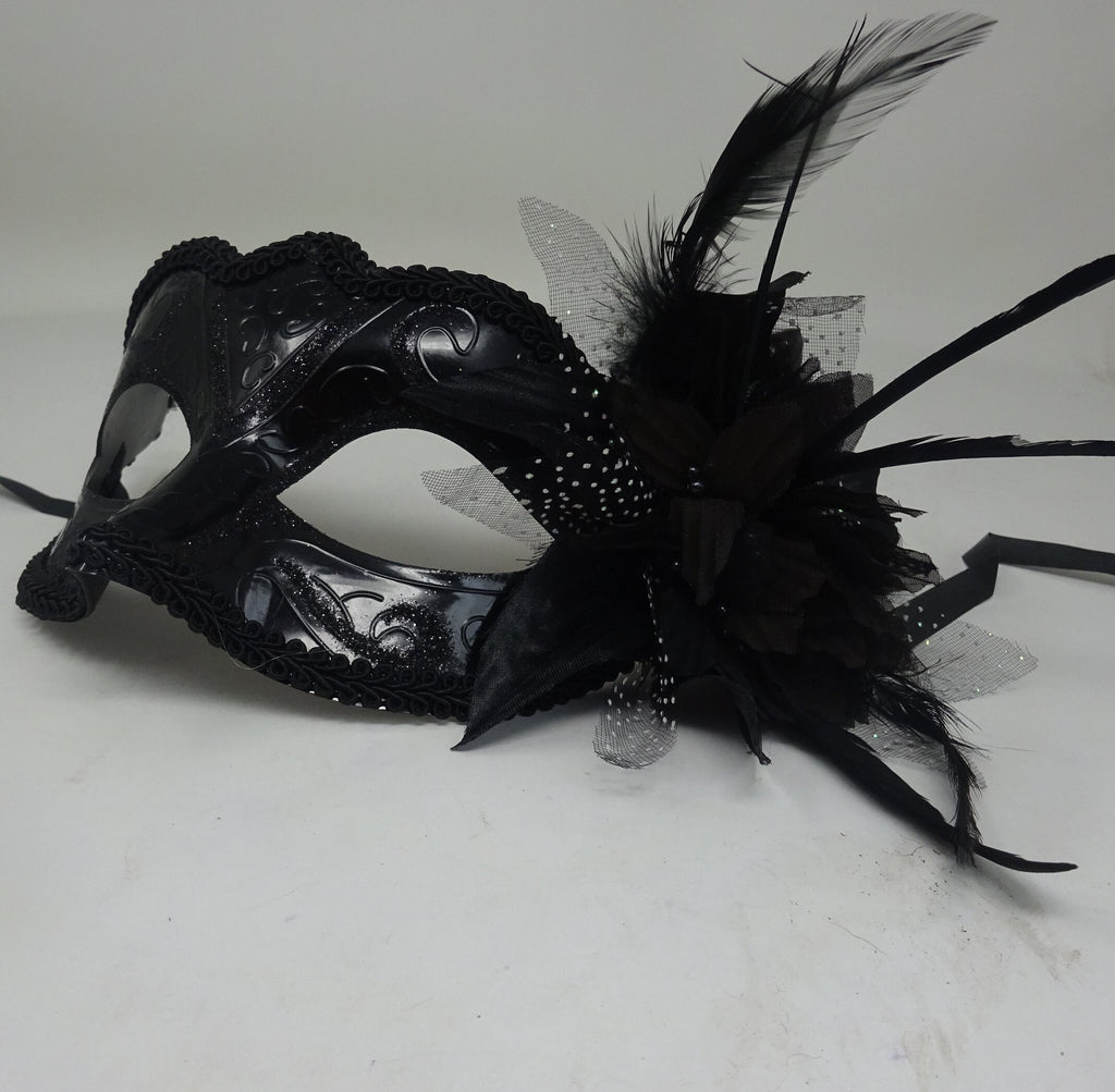 Ladies High Gloss Black Masquerade Mask with Flower and Feather Detail