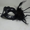 Ladies High Gloss Black Masquerade Mask with Flower and Feather Detail
