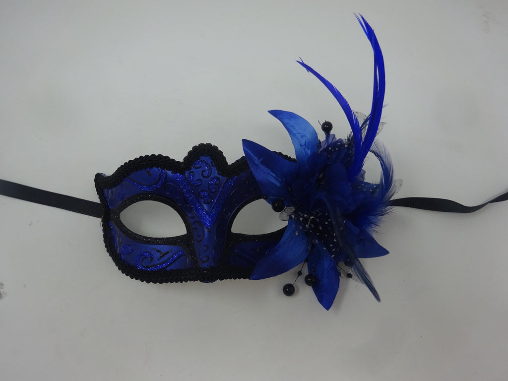 Sparkling Blue and Black Masquerade Ball Party Eye Mask with Flower and Feathers