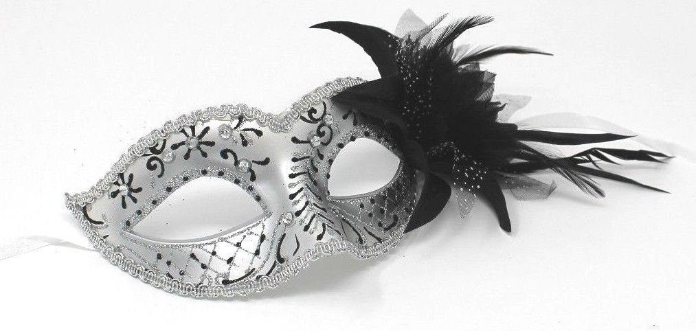 White & Black Sparkling Masquerade Mask with Flower