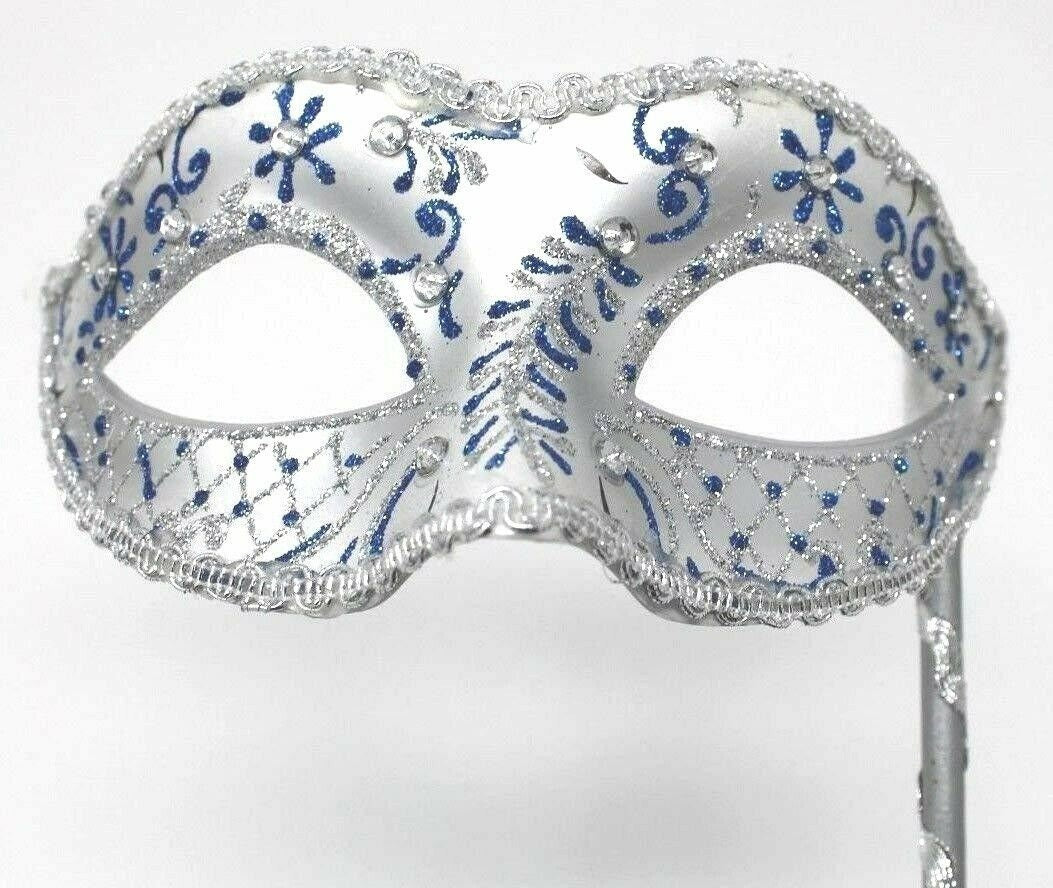 Blue and Silver Jewelled Party Masquerade Wedding Bridal ball Eye Mask on Stick