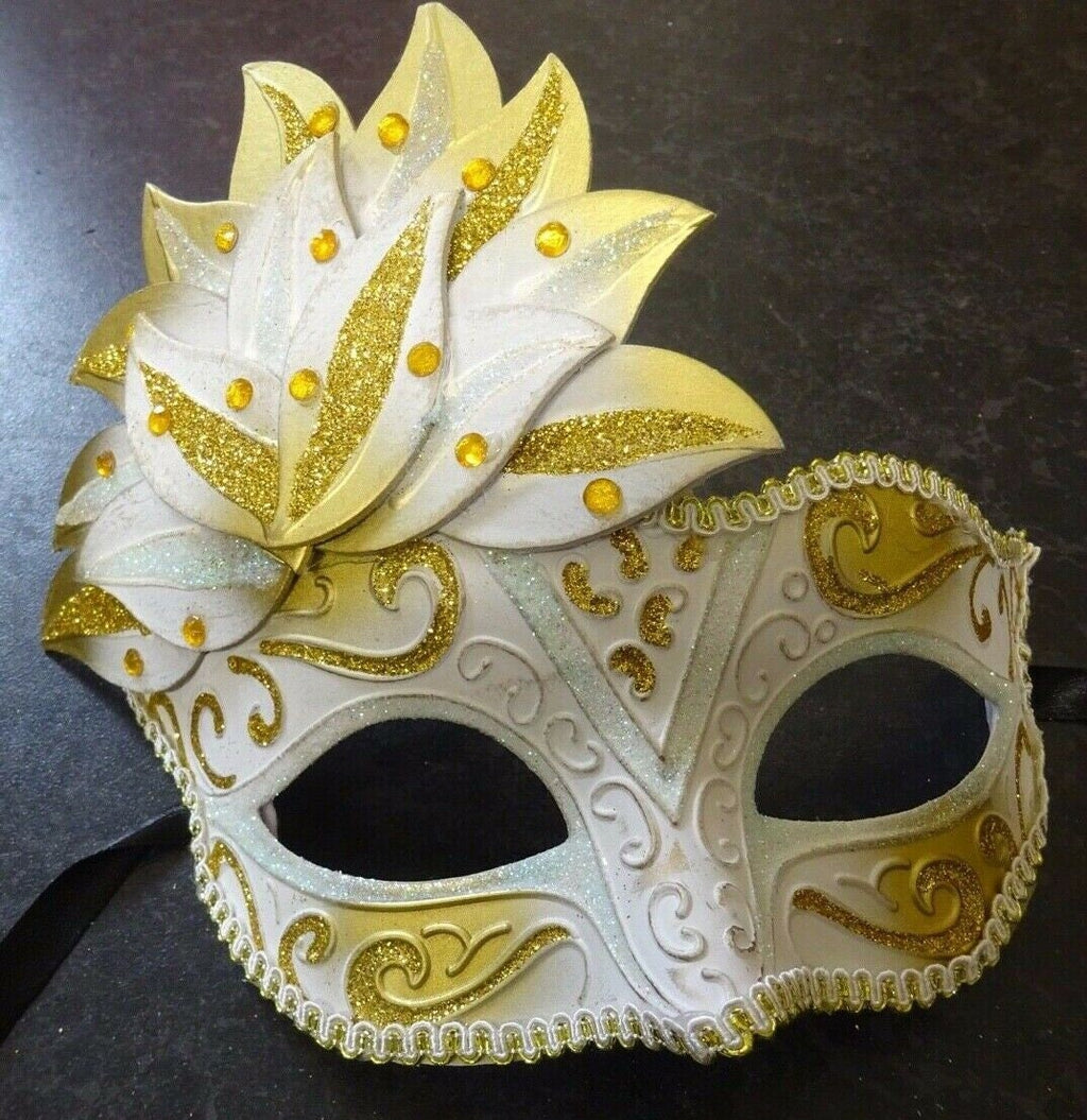 Ladies White and Gold Sparkling Masquerade Mask with Diamonte Detail