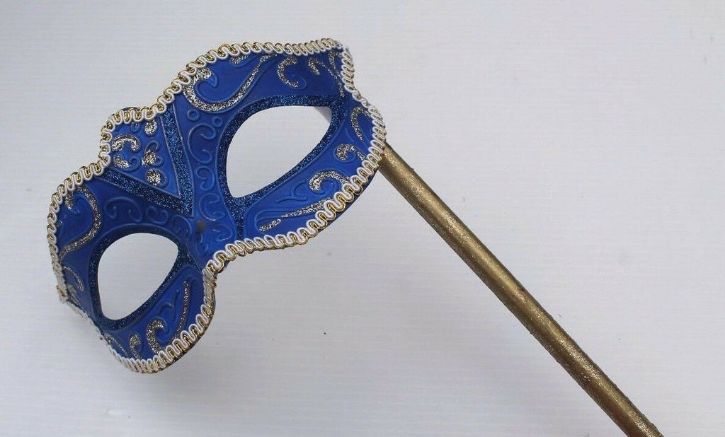Blue and Gold Venetian Masquerade Party Carnival Eye Mask on a Gold Stick