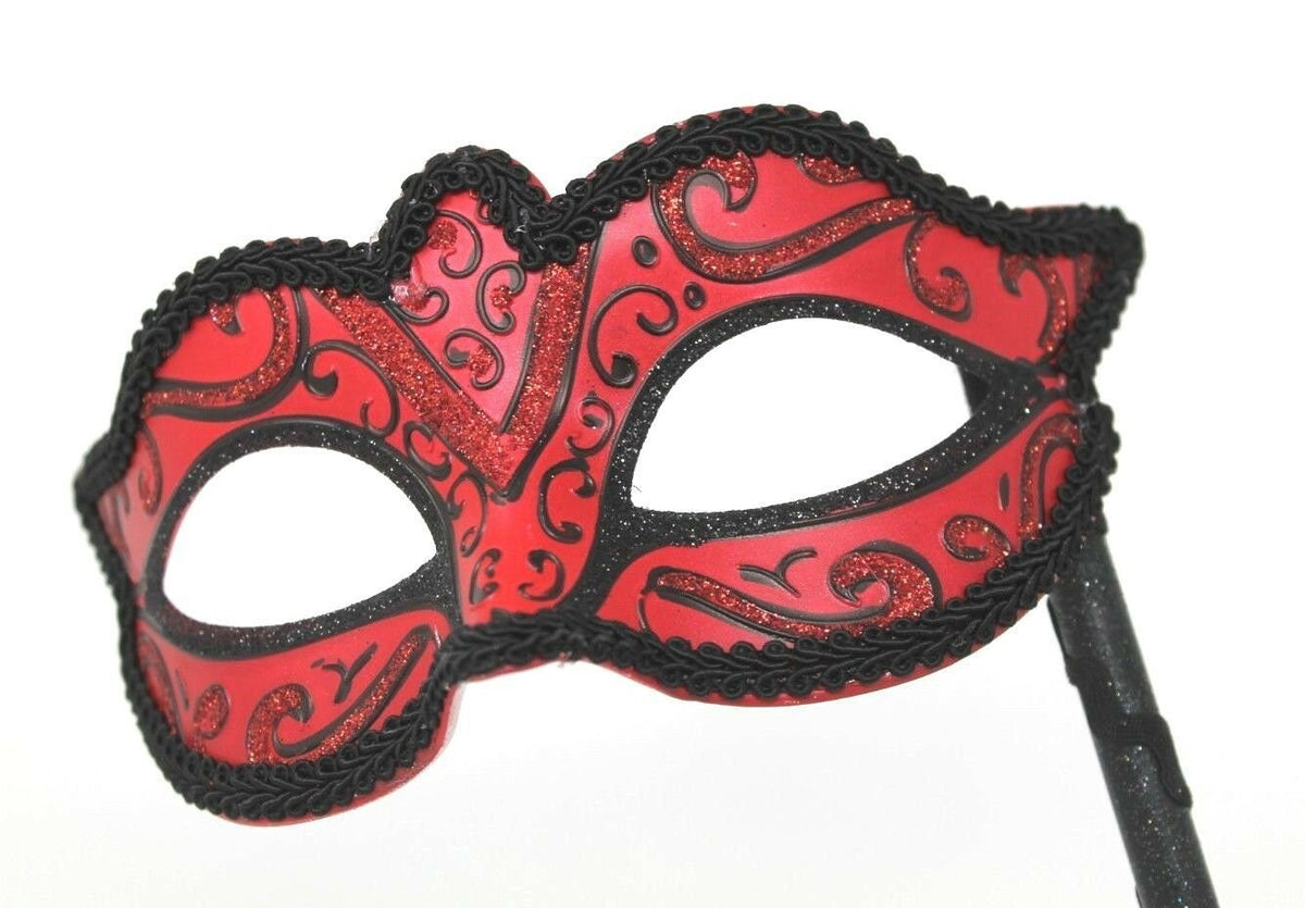 Red and Black Masquerade Mask on a Black Stick