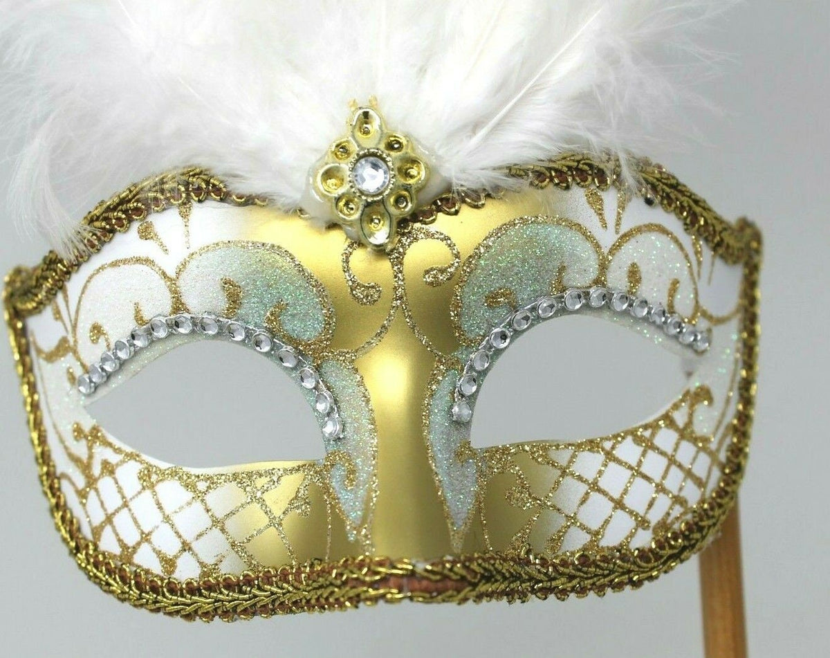 White and Gold Feather Masquerade Mask on a Gold Stick with Diamontes