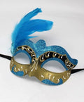 Turquoise Blue and Gold Feather Masquerade Mask