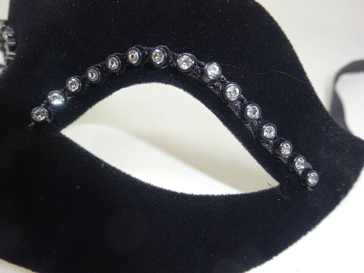 Velour Diamonte Black Masquerade Hand Held Mask on a Stick with Diamontes