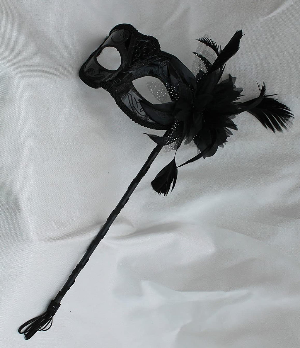 Stunning Black Masquerade Mask on a Black Stick with a flower made of black fabric petals, feathers and black and white organza