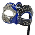 Blue Silver and Black Musical Masquerade Mask for Masked Ball with Musical Notes Script Hand Held Stick