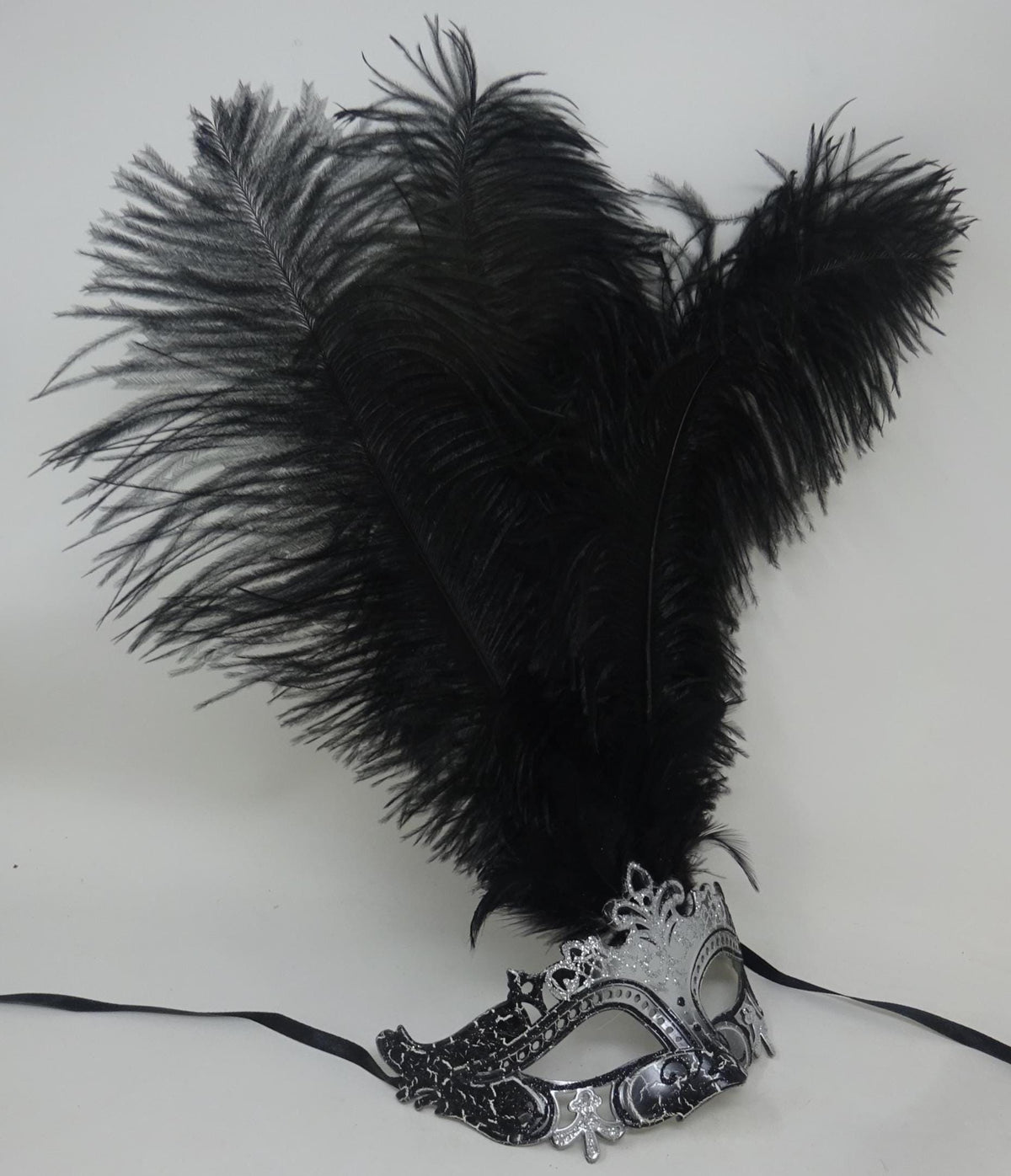 Stunning Black and Silver Rialto Long Black Feather Venetian Masquerade Prom Ball Eye Mask