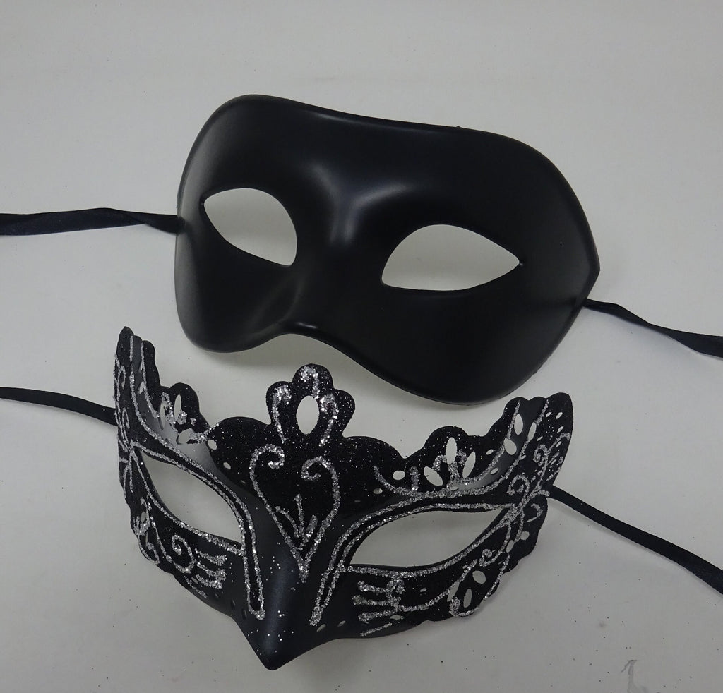 Black and Silver Pair of Male and Female Couples Masquerade Party Ball Prom Masks