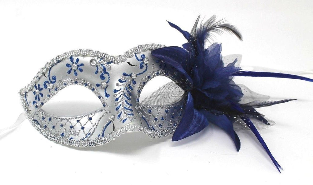 Blue and Silver Masquerade Mask with Flower