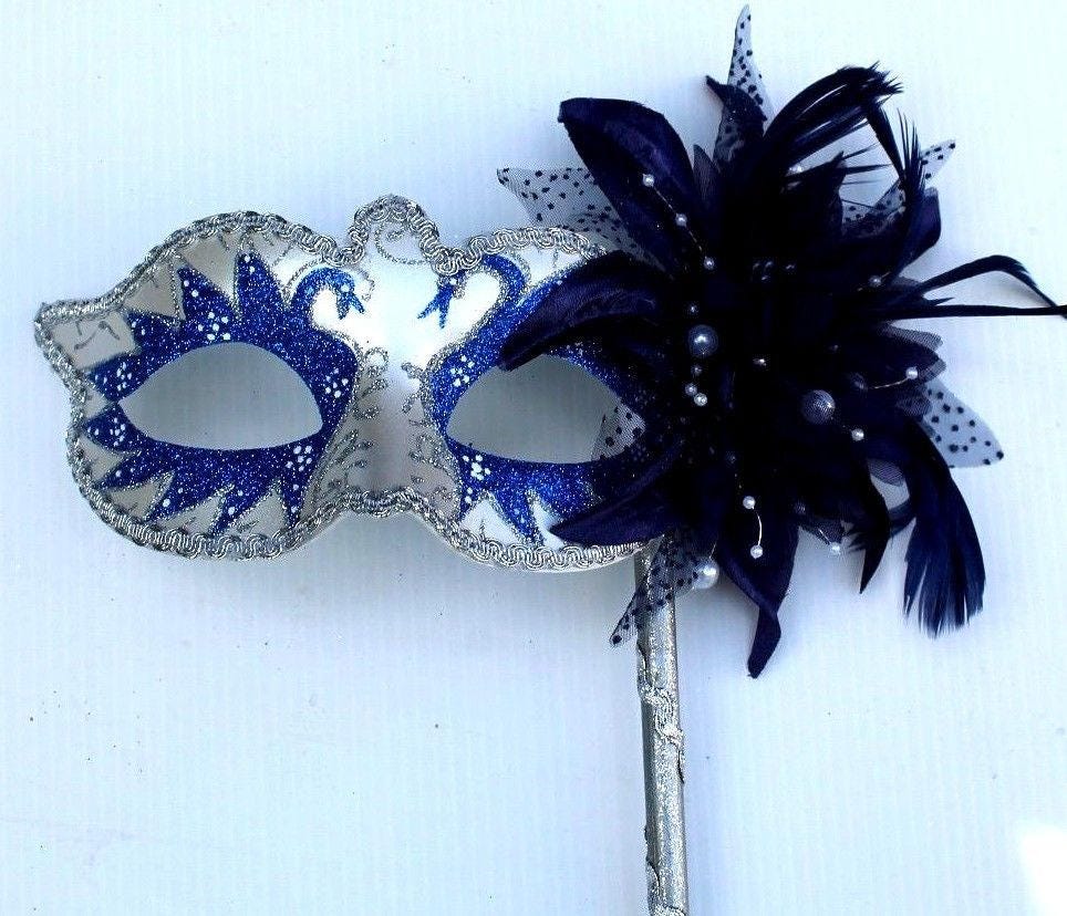 Blue and White Swan Lake Mask on Stick with Pearlised Flower
