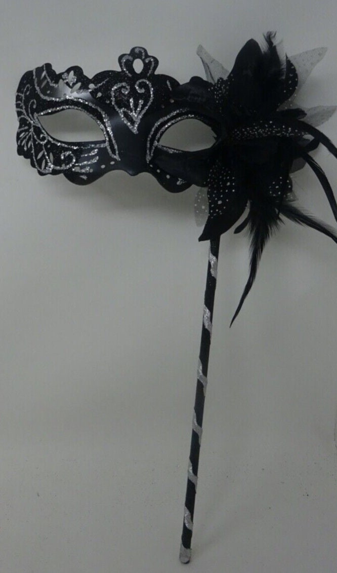 Black and Silver Rialto Masquerade Mask with Flower for Masked Ball Carnival Party Halloween Hand Held on a Wooden Stick