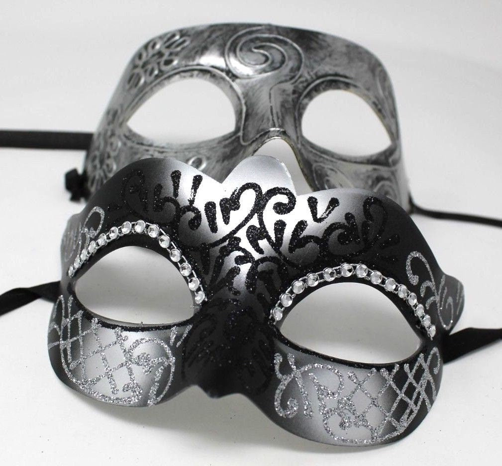 Black and Silver Diamonte Pair of Male and Female Couples Masquerade Masks