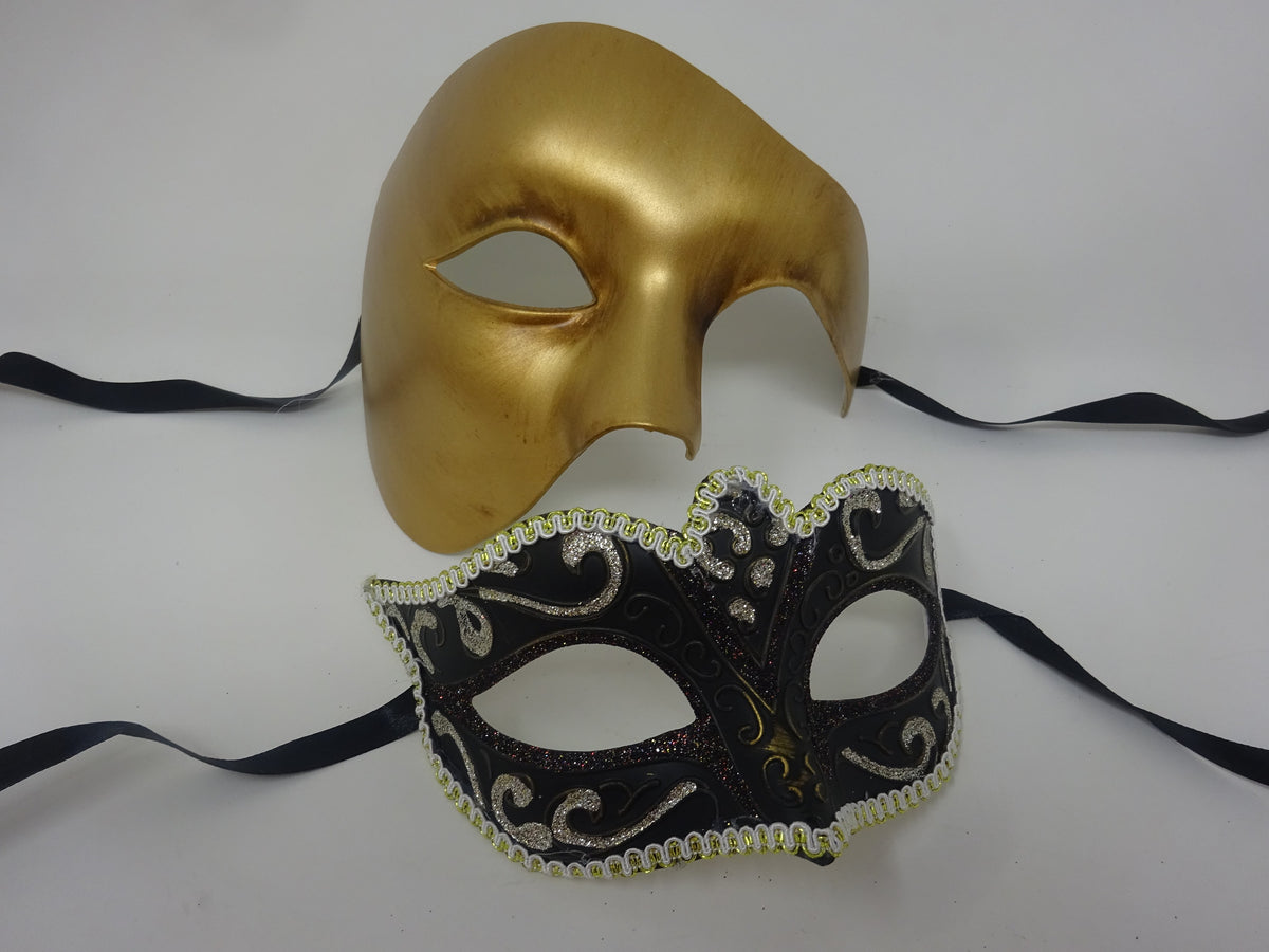 His and Hers Black Silver and Gold Mask and a Gold Phantom Mask Pair of Male and Female Couples Masquerade Masks