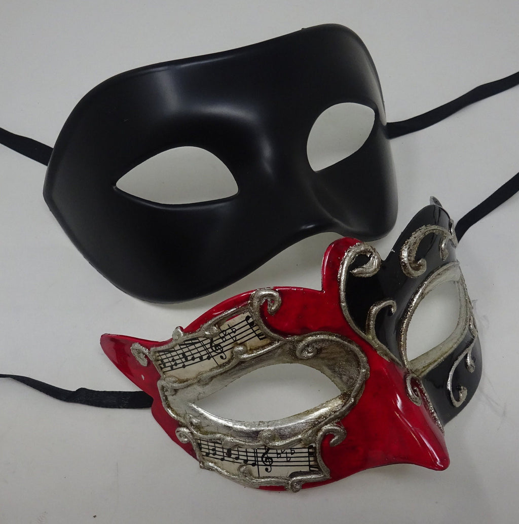 Musical Script Red Silver and Black His and Hers Couples Pair of Masquerade Masks
