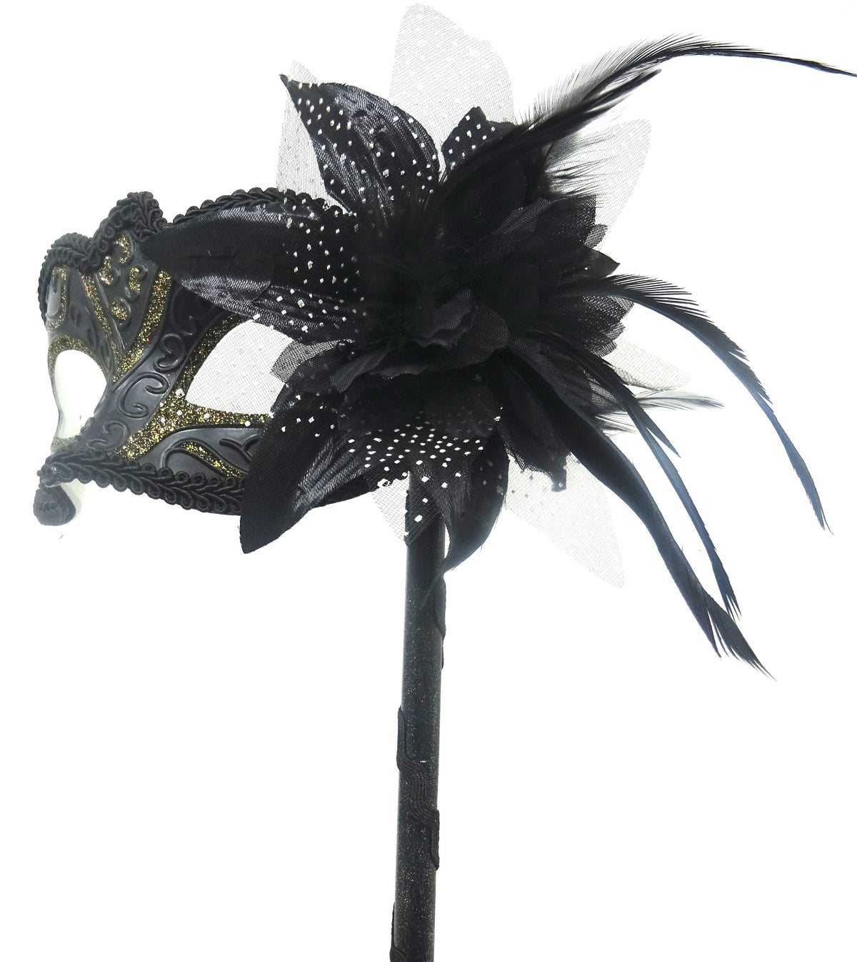 Gold and Black Masquerade Party Carnival Ball Mask Hand Held on a Black Stick with Flower