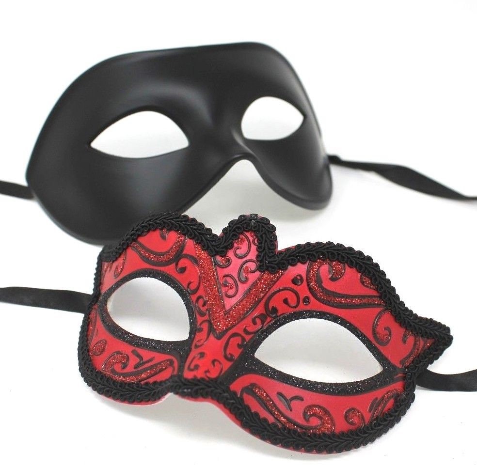 Black & Red Pair of Male and Female Couples Masquerade Masks