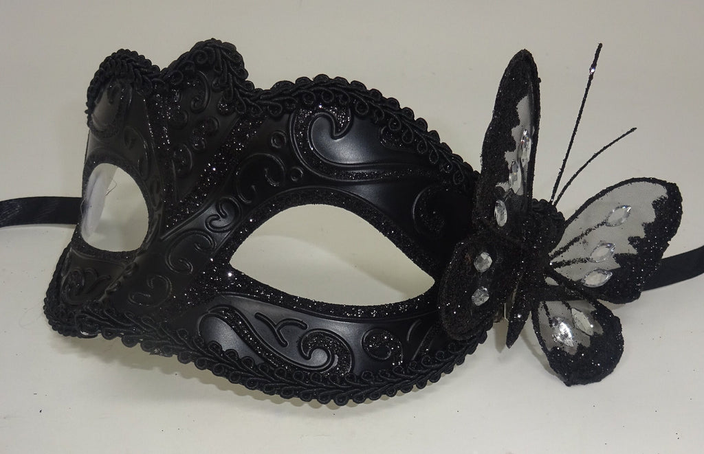 Black Venetian Masquerade Ball Party Carnival Mask with Black Butterfly Details