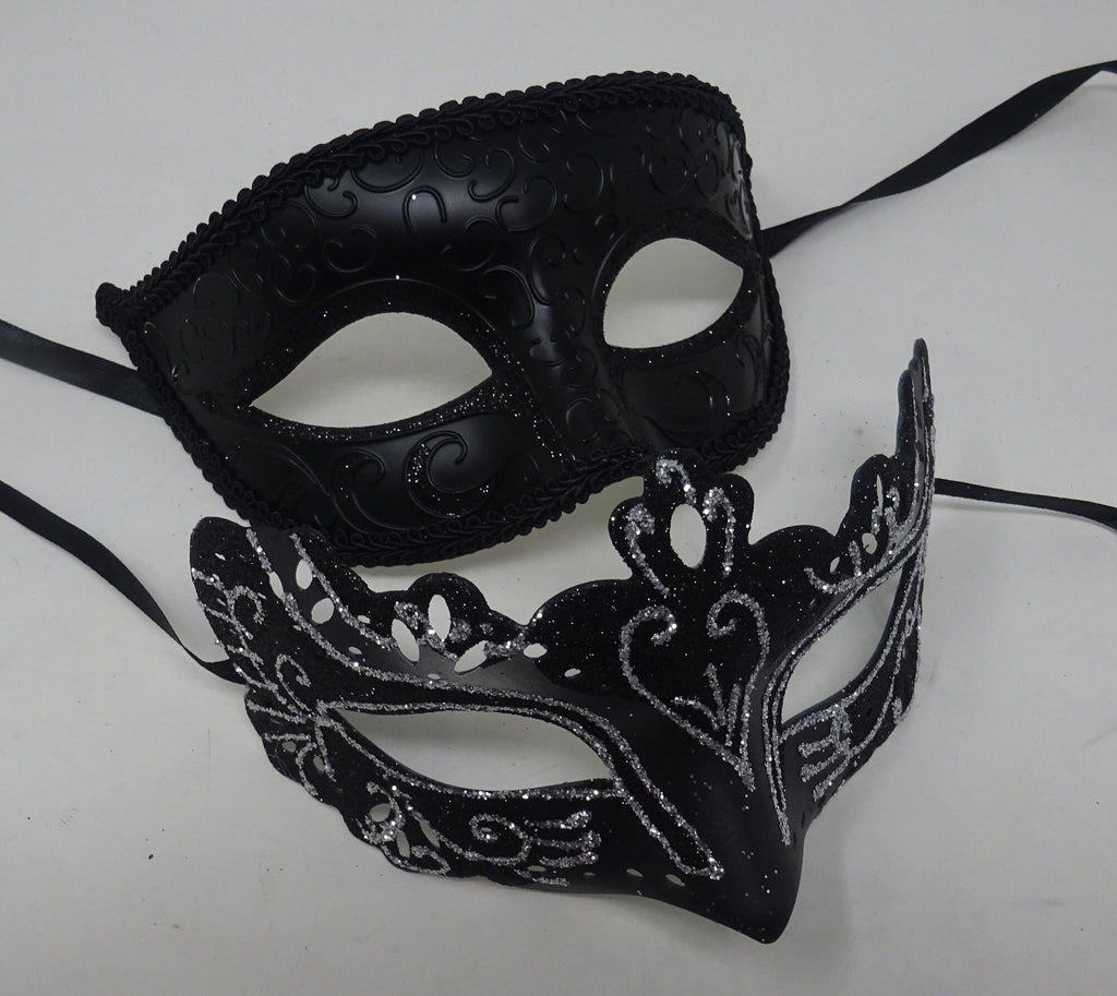 Black and Silver Pair of Male and Female Couples Masquerade Party Ball Prom Masks