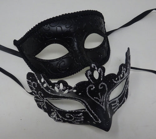 Black and Silver Pair of Male and Female Couples Masquerade Party Ball Prom Masks