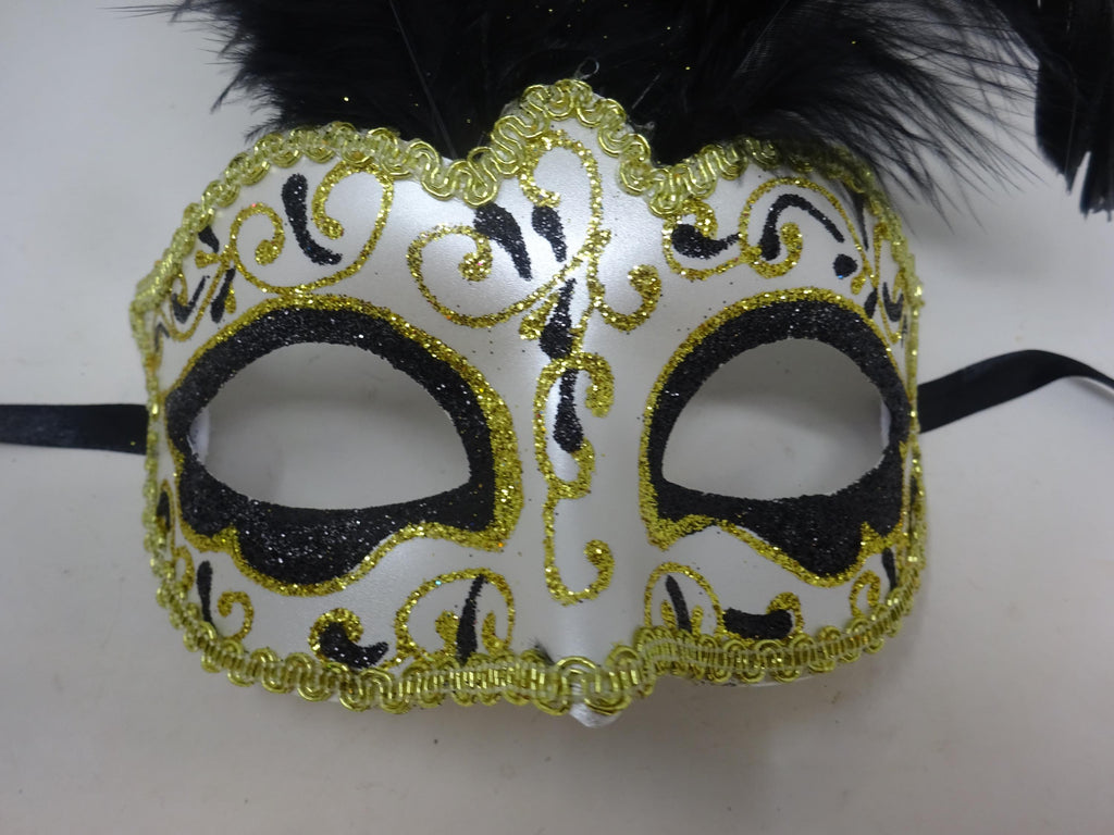 Black Ivory and Gold Venetian Masquerade Ball Carnival Party Prom Mask with Long Feathers