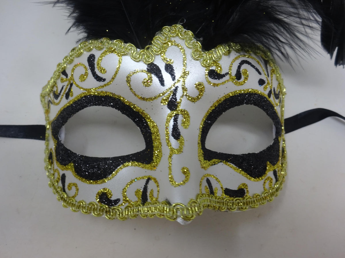 Black Ivory and Gold Venetian Masquerade Ball Carnival Party Prom Mask with Long Feathers