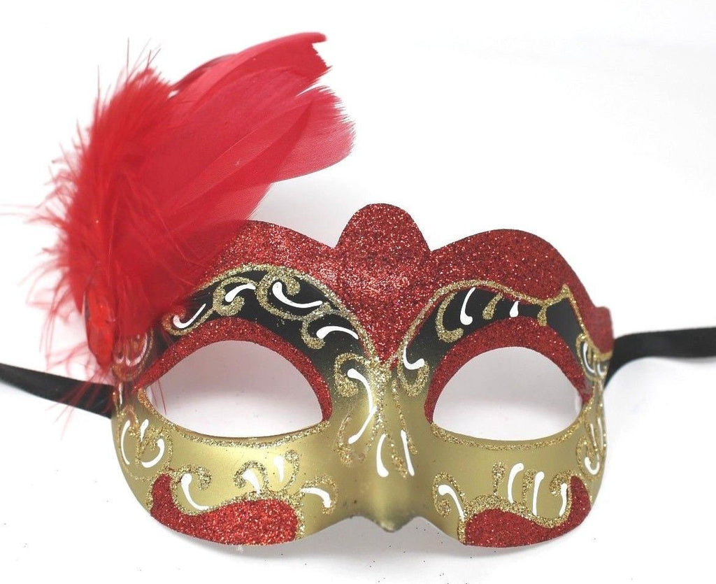 Red White and Gold Side Feather Venetian Masquerade Carnival Party Ball Eye Mask