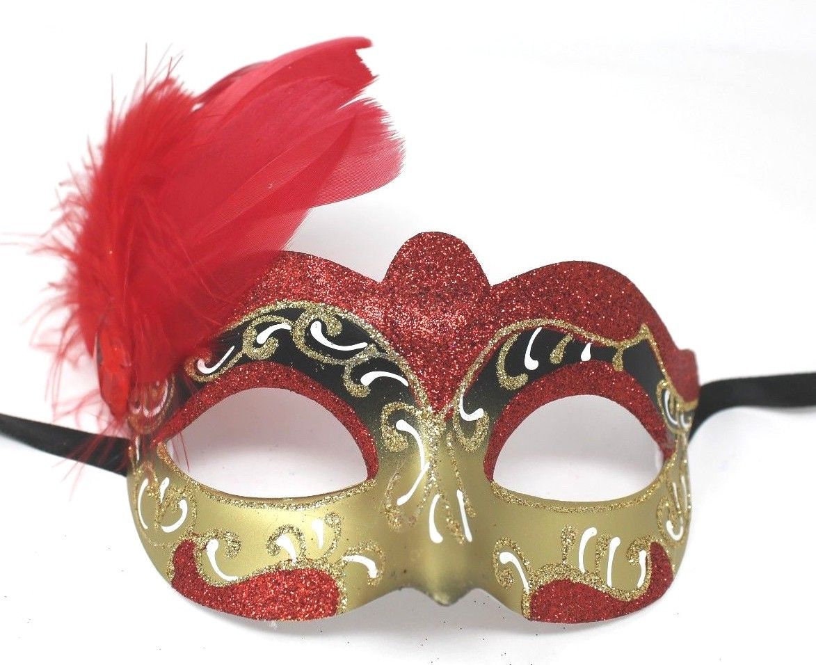 Red White and Gold Side Feather Venetian Masquerade Carnival Party Ball Eye Mask