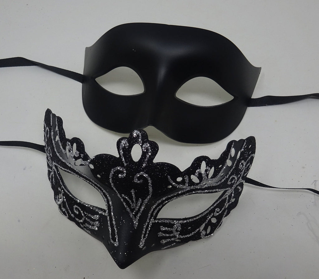 Black and Silver Pair of Male and Female Couples Masquerade Party Ball Prom Masks