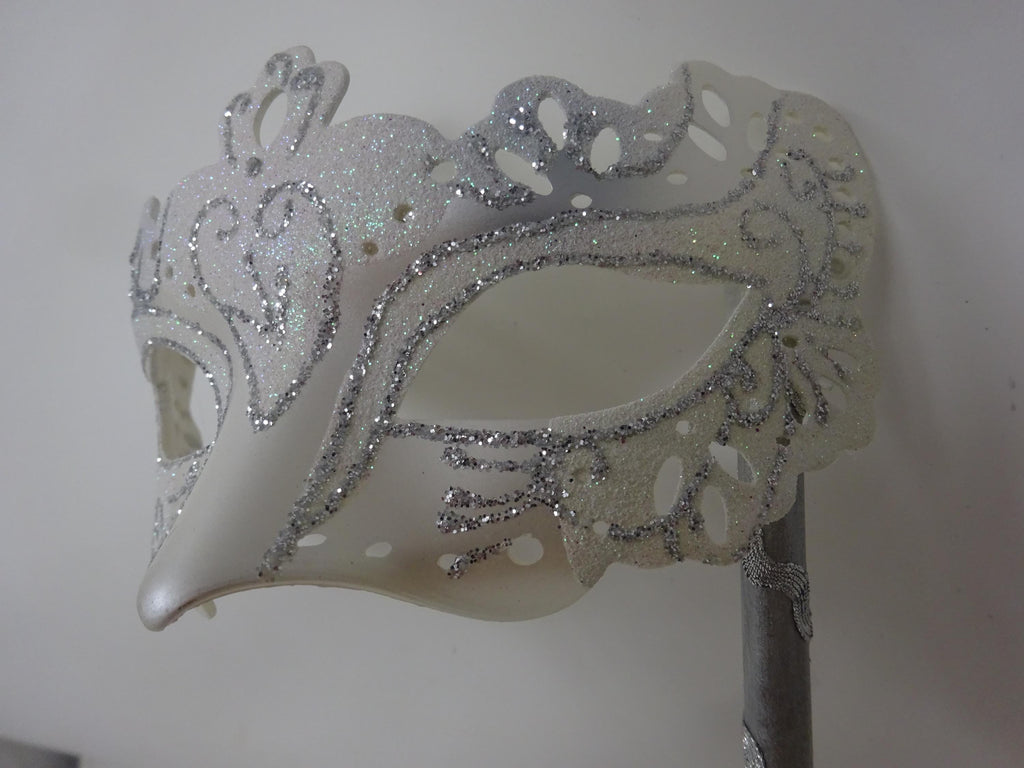Ladies White and Silver Masquerade Party Carnival Ball Mask Hand Held on a Wooden Stick