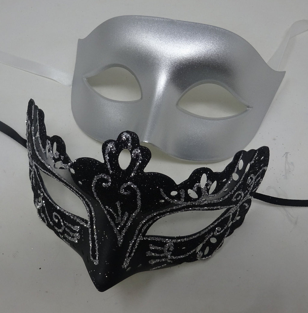 Black and Silver Pair of Male and Female Couples Masquerade Party Ball Prom Masks