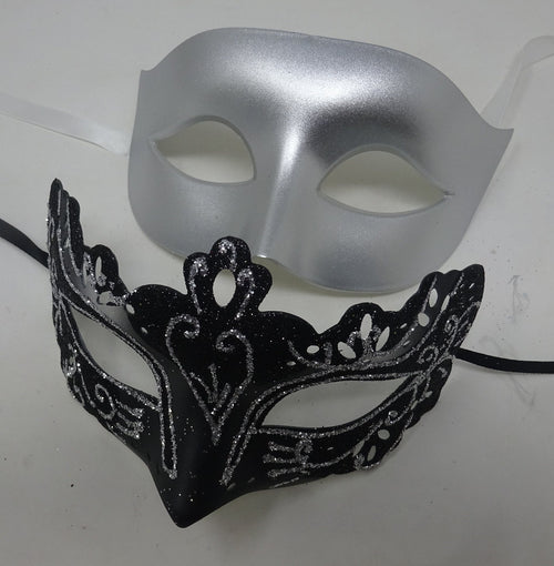 Black and Silver Pair of Male and Female Couples Masquerade Party Ball Prom Masks