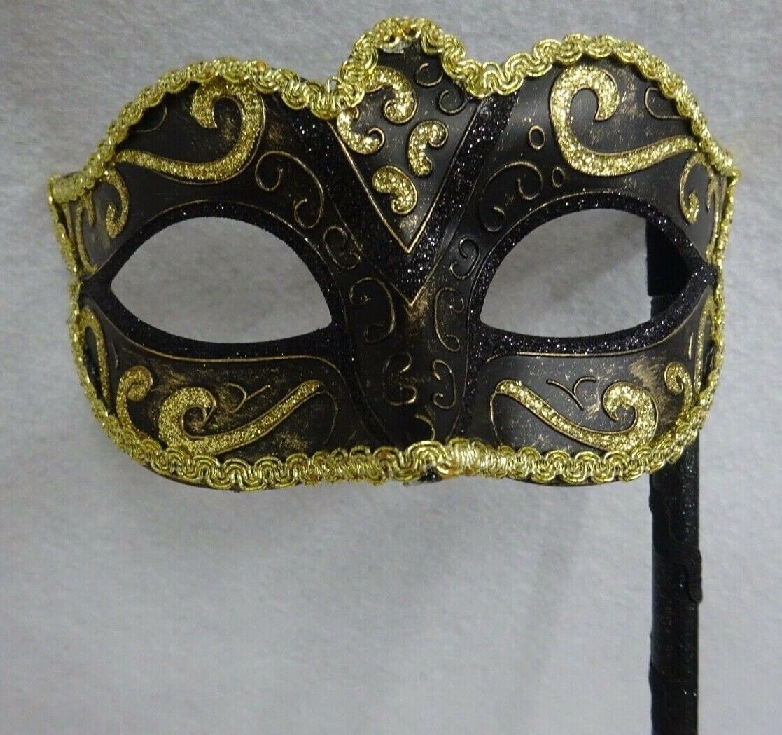 Ladies Stunning Black Bronze and Gold Masquerade Mask Hand Held on a Black Stick