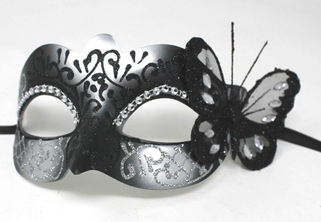 Black and Silver Diamonte Masquerade Mask with Black Butterfly Detail