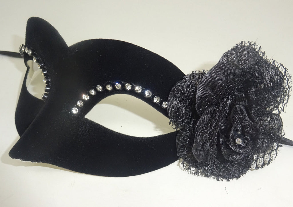 Small Ladies Delicate Velour Diamonte Black Masquerade Ball Carnival Mask with Flower & Single Diamonte
