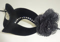 Small Ladies Delicate Velour Diamonte Black Masquerade Ball Carnival Mask with Flower & Single Diamonte