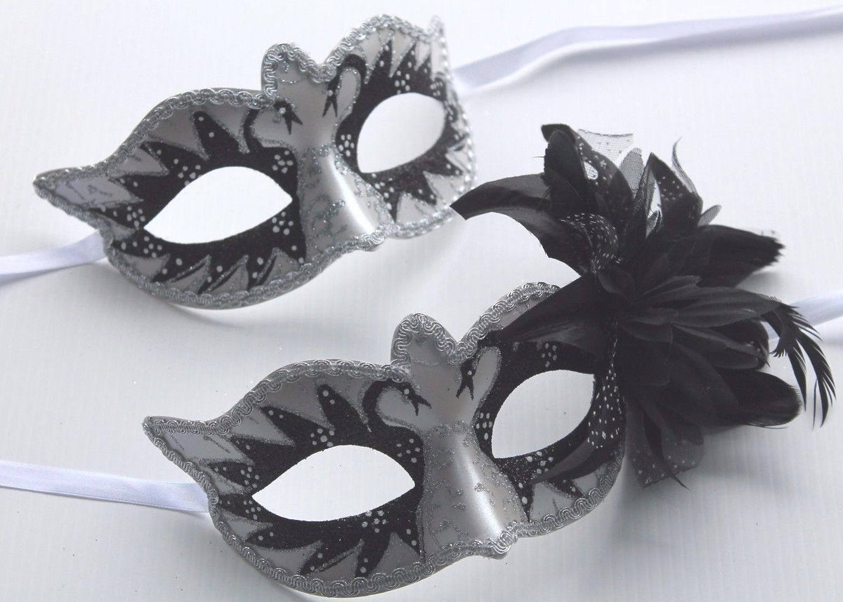 His and Hers Swan Lake Couples Masks in Black and Pearlised White with Flower