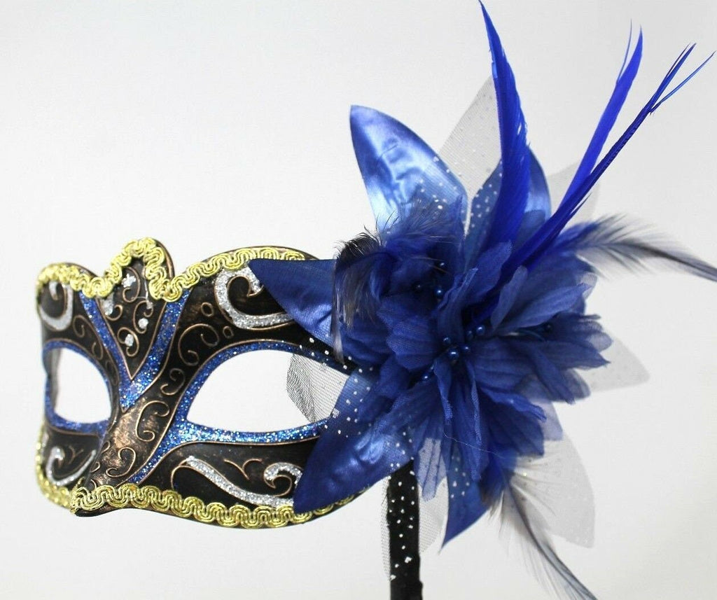 Stunning Blue, Black, Bronze Silver and Gold Masquerade Mask on a Black Stick with Flower