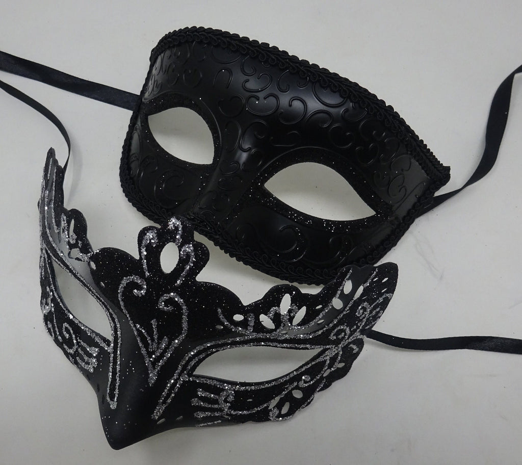 Black and Silver Pair of Male and Female Couples Masquerade Party Ball Prom Masks