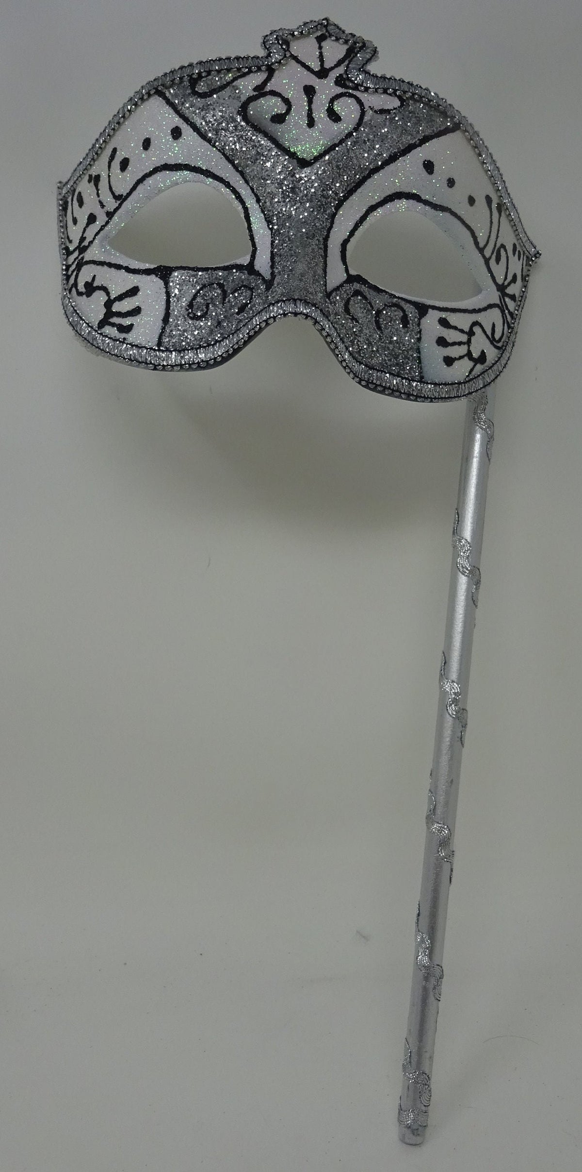 Black  Frosted White and Silver Glitter Mask Hand Held on a Wooden Stick