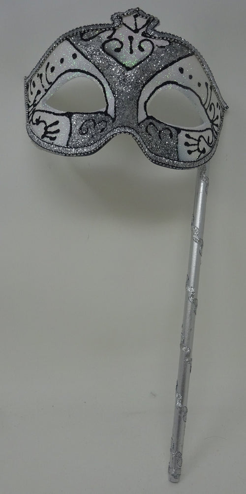 Black  Frosted White and Silver Glitter Mask Hand Held on a Wooden Stick