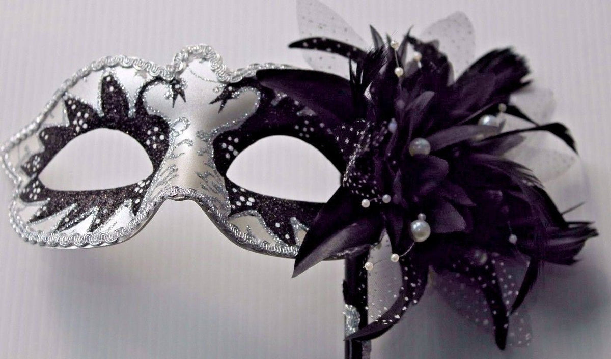 White and Black Swan Lake Mask on Stick with Pearlised Flower