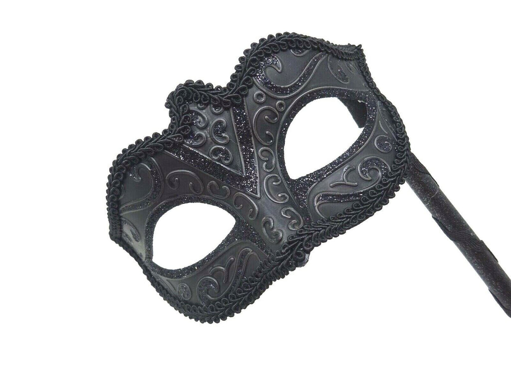 Stunning Black Masquerade Mask on a Black Stick