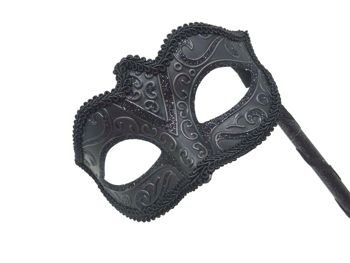 Stunning Black Masquerade Mask on a Black Stick