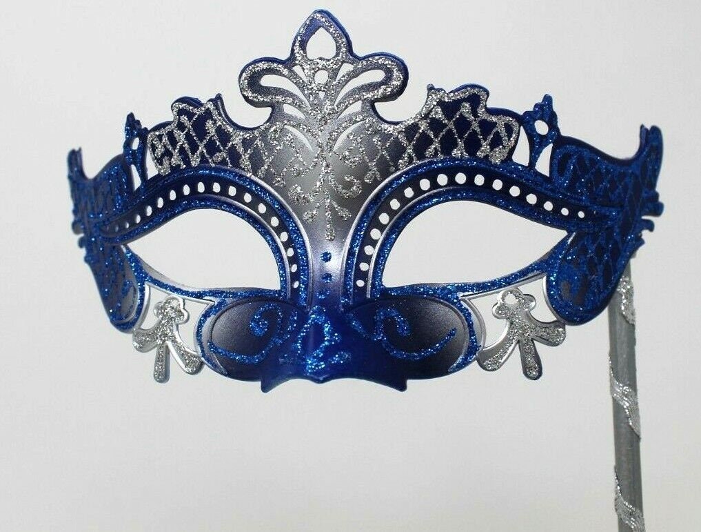 Blue and Silver Rialto Masquerade Party Ball Eye Mask Hand Held on a Stick